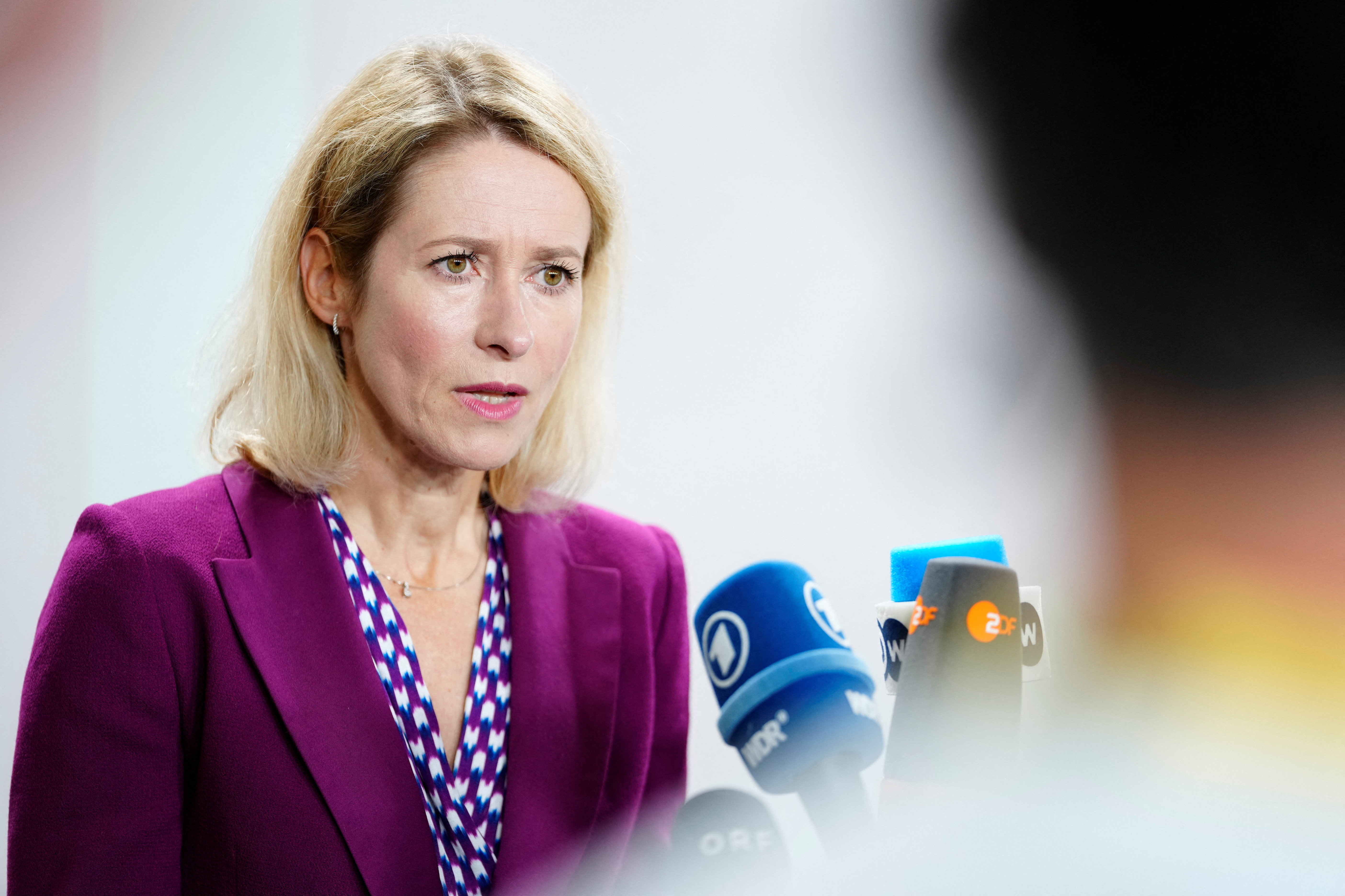 EU High Representative of Foreign Affairs and Security Policy Kaja Kallas holds doorstep before informal EU defense ministers meeting at Forum, in Copenhagen