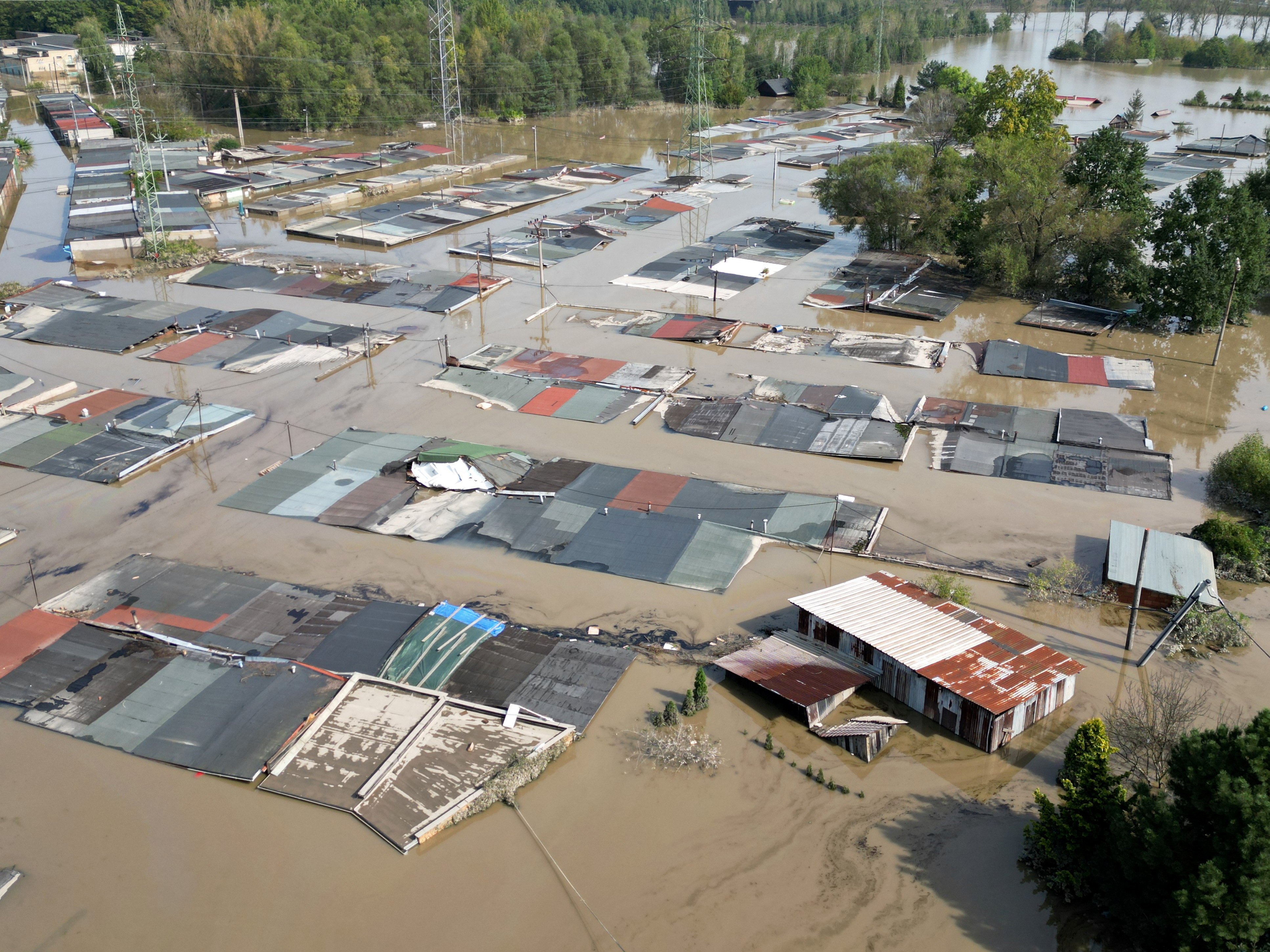 A drone view shows the flood-affected area in Ostrava