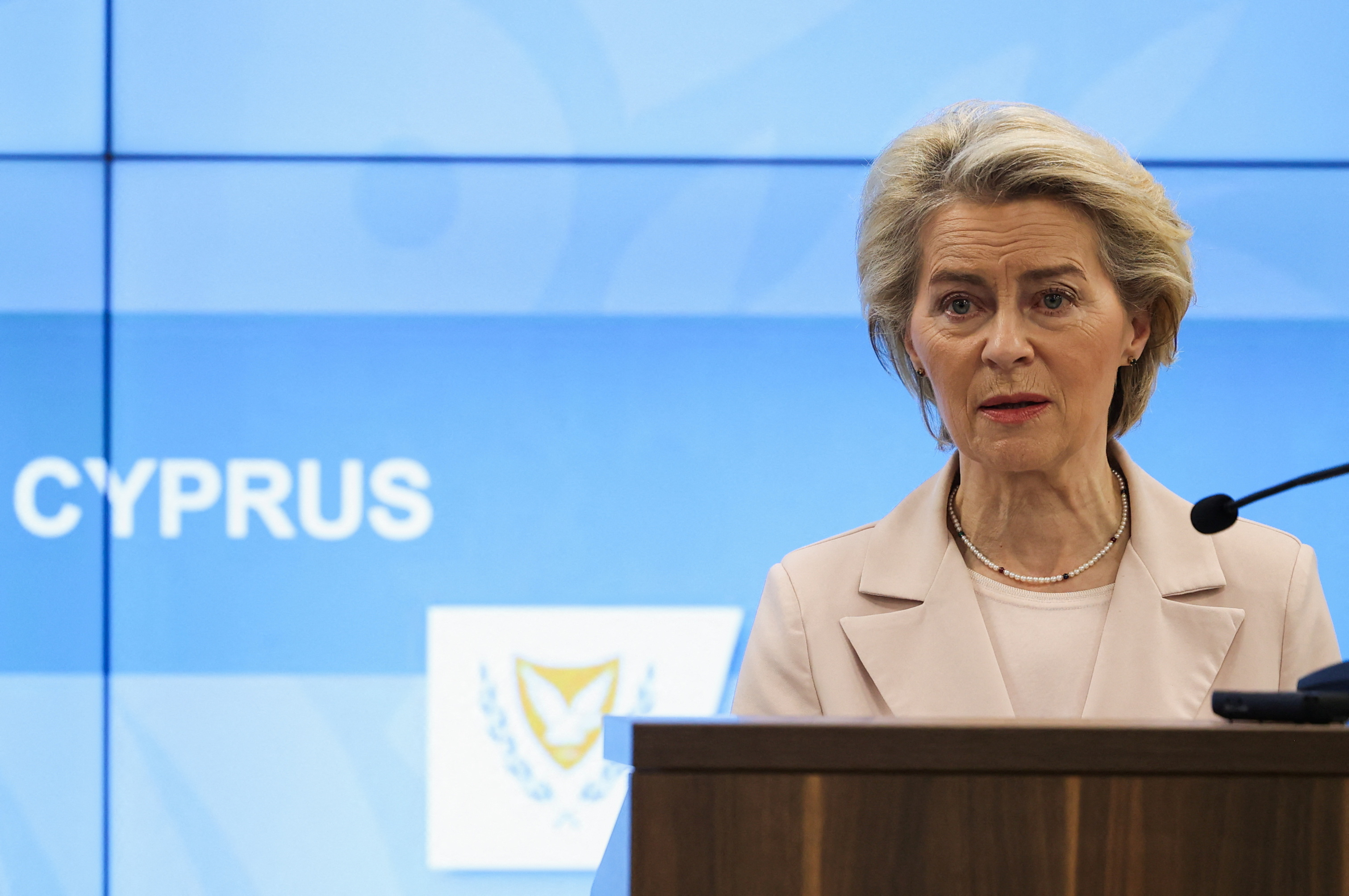 Cypriot President Christodoulides and European Commission President von der Leyen attend a press conference in Larnaca