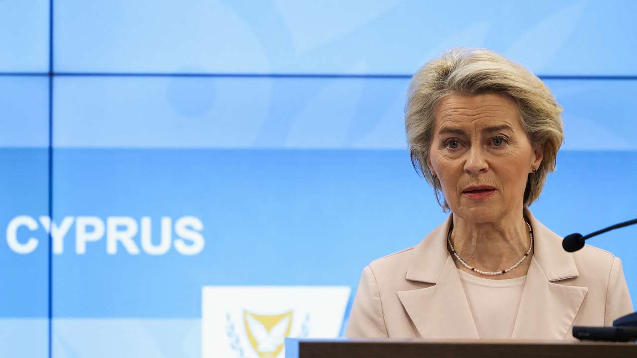 Cypriot President Christodoulides and European Commission President von der Leyen attend a press conference in Larnaca