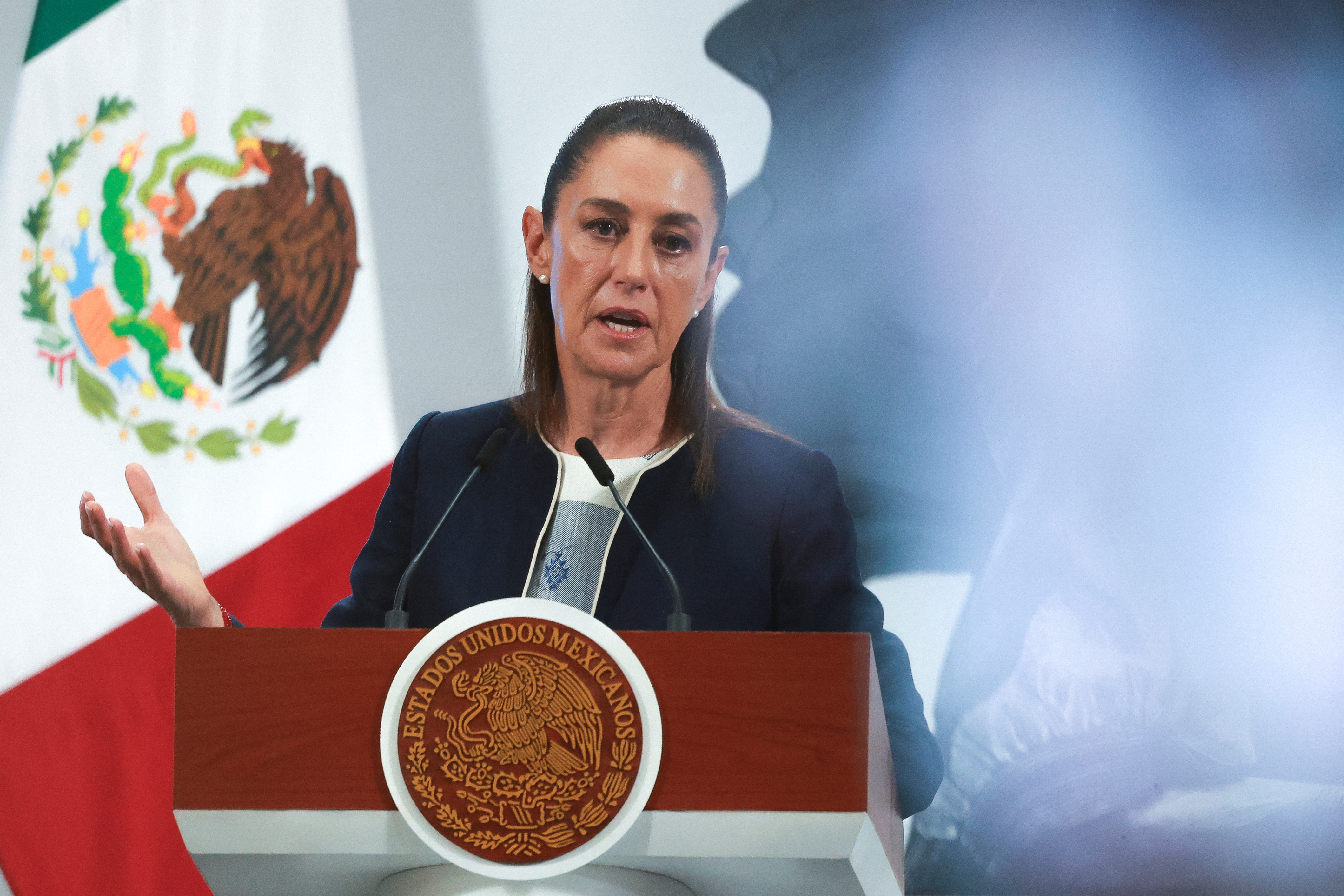 FILE PHOTO: Mexico's President Claudia Sheinbaum speaks during a press conference in Mexico City, Mexico