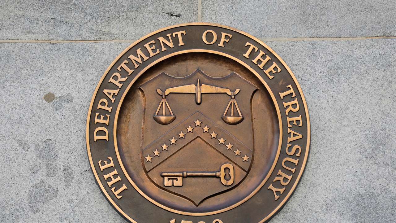 Signage is seen at the United States Department of the Treasury headquarters in Washington, D.C.