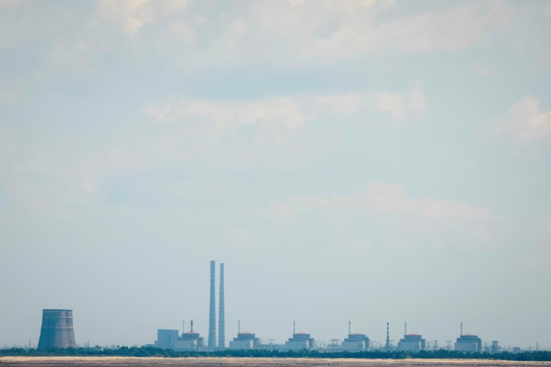 View shows Zaporizhzhia Nuclear Power Plant from the bank of Kakhovka Reservoir in Nikopol