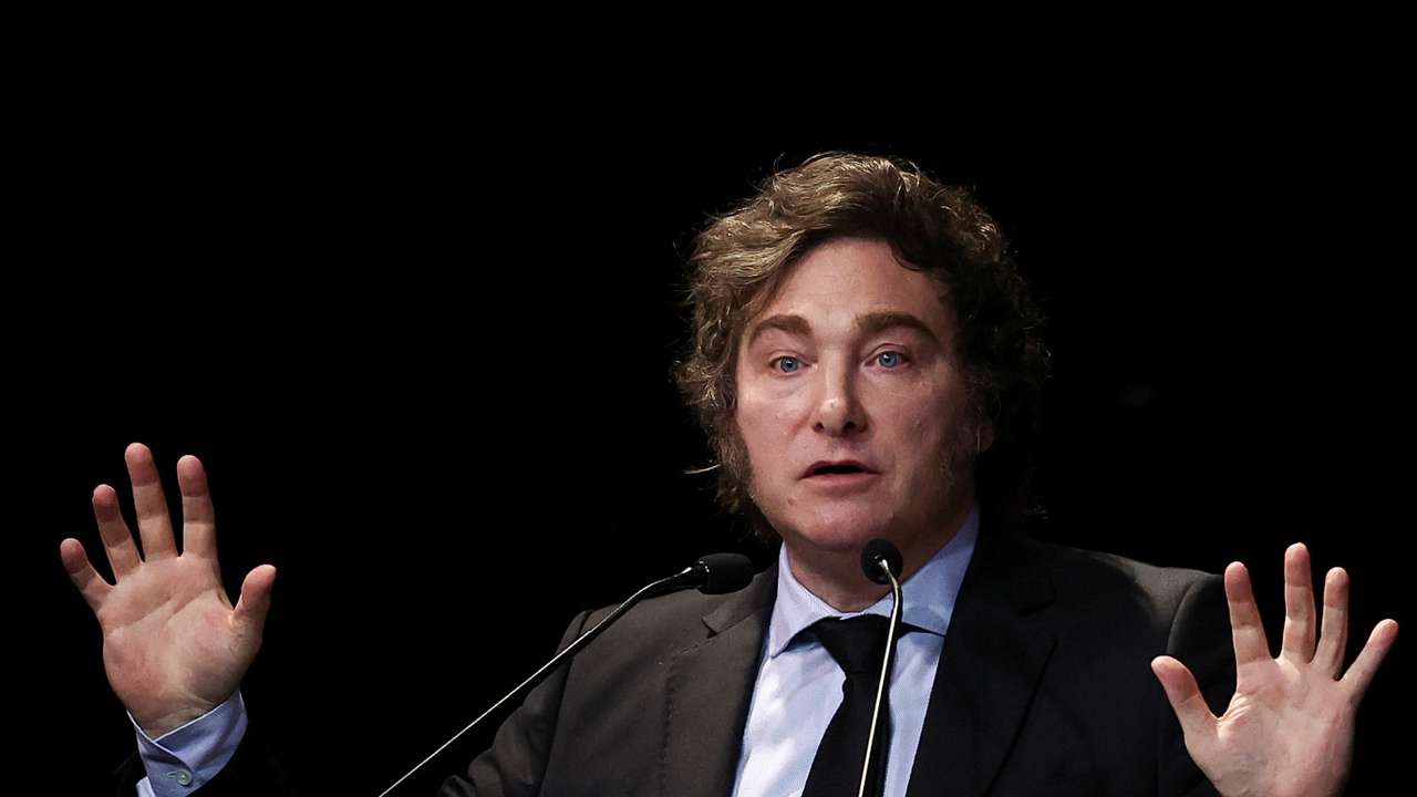 FILE PHOTO: Argentina's President Javier Milei speaks at a business event, in Buenos Aires