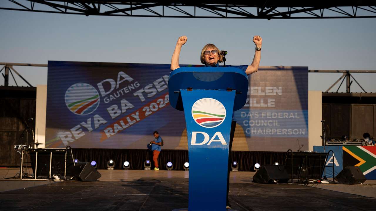 Helen Zille, Chairperson of the Federal Council of the Democratic Alliance, addresses supporters at an election rally in Soweto