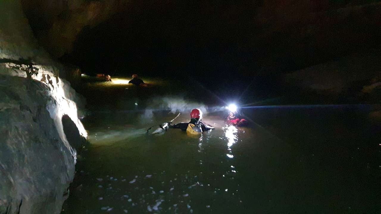 Rescue operation to reach five people trapped in the cave after heavy rainfall, in Bloska Polica