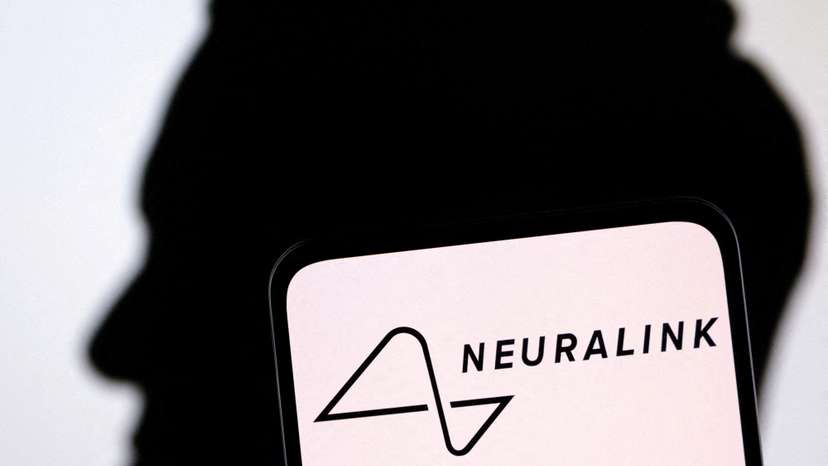 Illustration shows Neuralink logo and Elon Musk silhouette