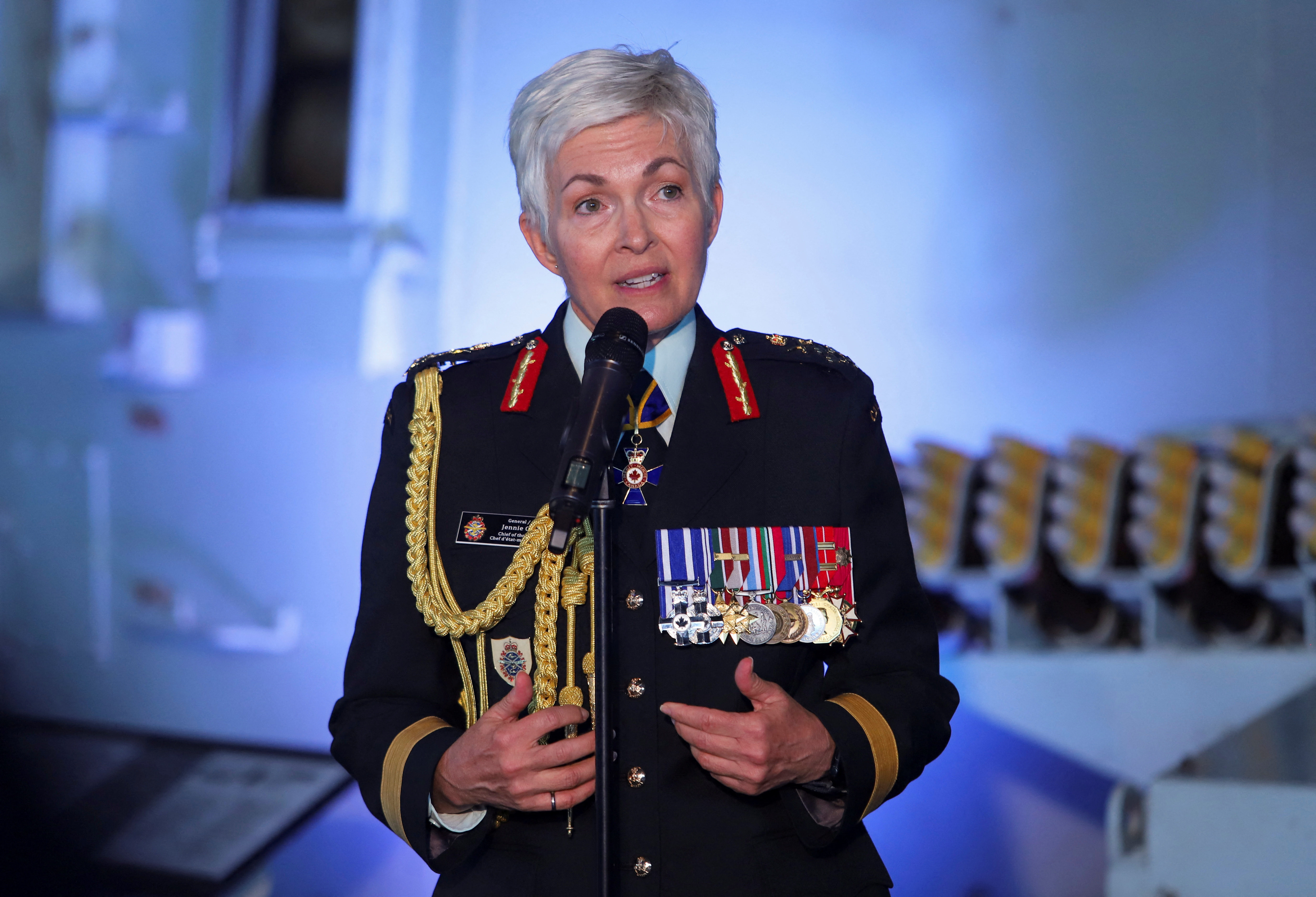 General Jennie Carignan speaks to reporters after a change of command ceremony where she replaced General Wayne Eyre as the Canadian Armed Forces new chief of defence staff