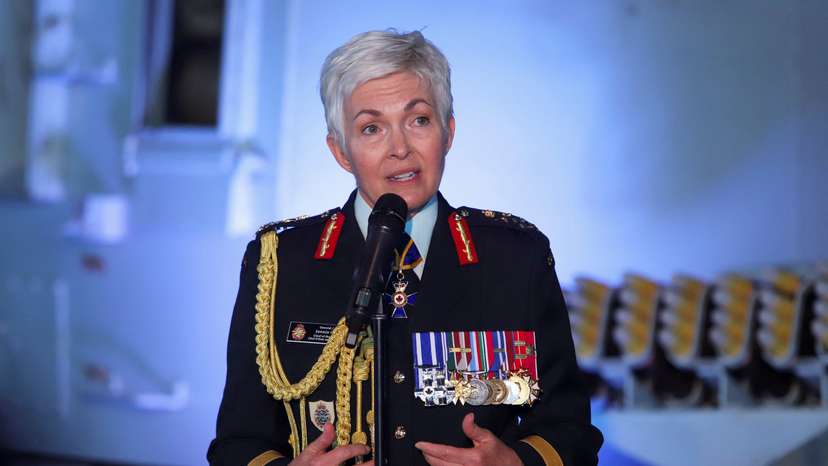 General Jennie Carignan speaks to reporters after a change of command ceremony where she replaced General Wayne Eyre as the Canadian Armed Forces new chief of defence staff