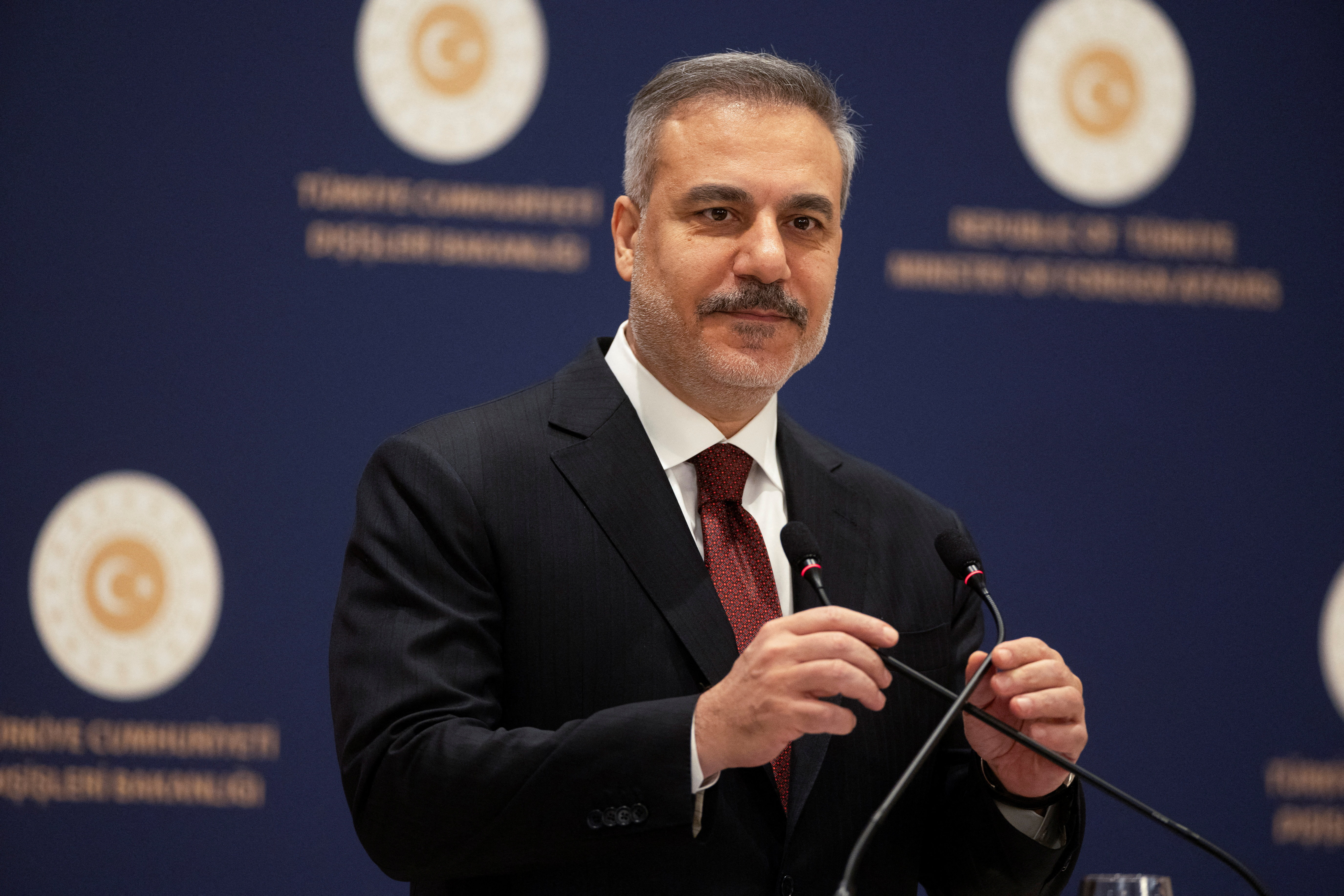 Turkish Foreign Minister Hakan Fidan speaks during a press conference in Istanbul