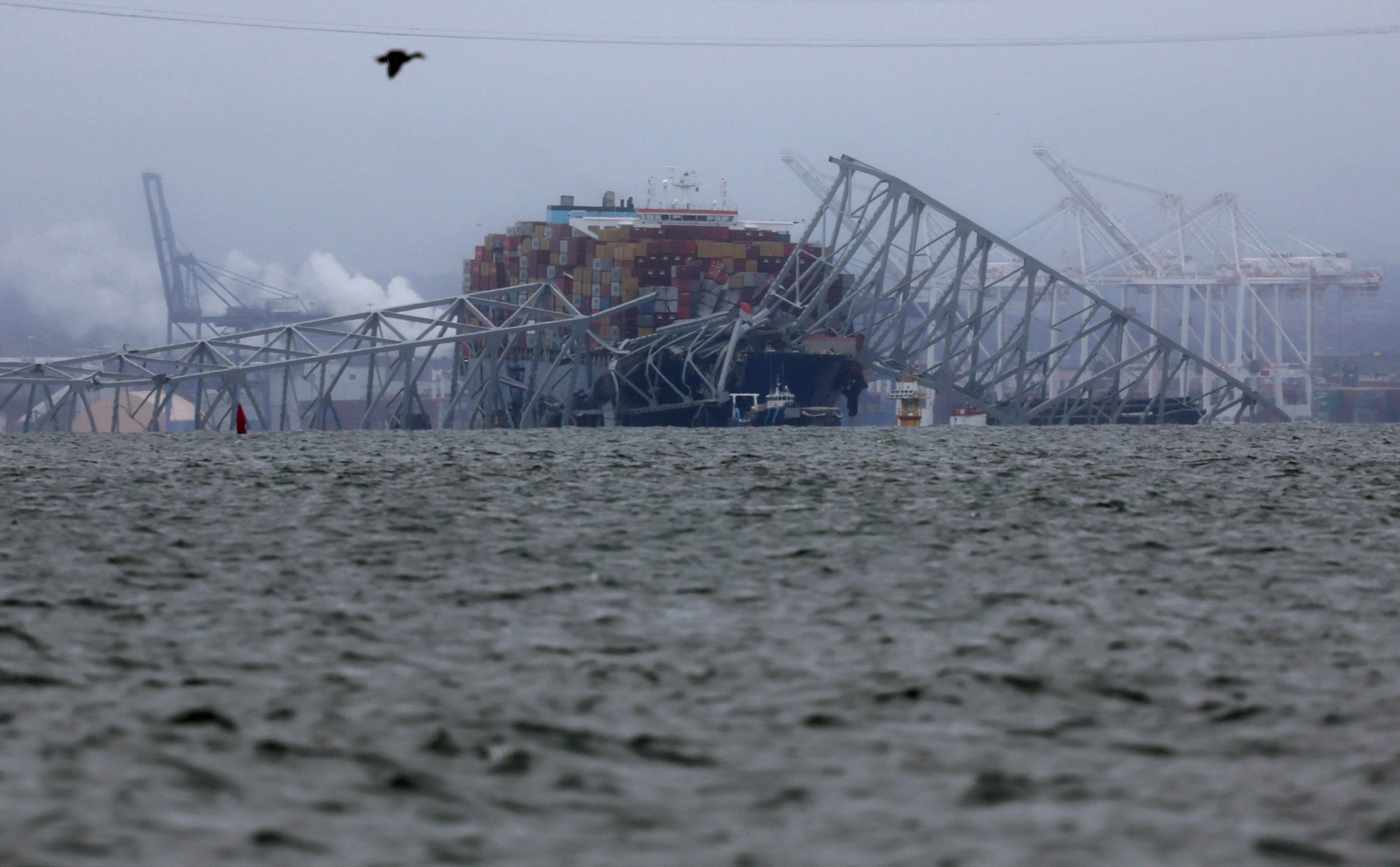 The site of the collapsed Francis Scott Key Bridge in the Patapsco River in Baltimore