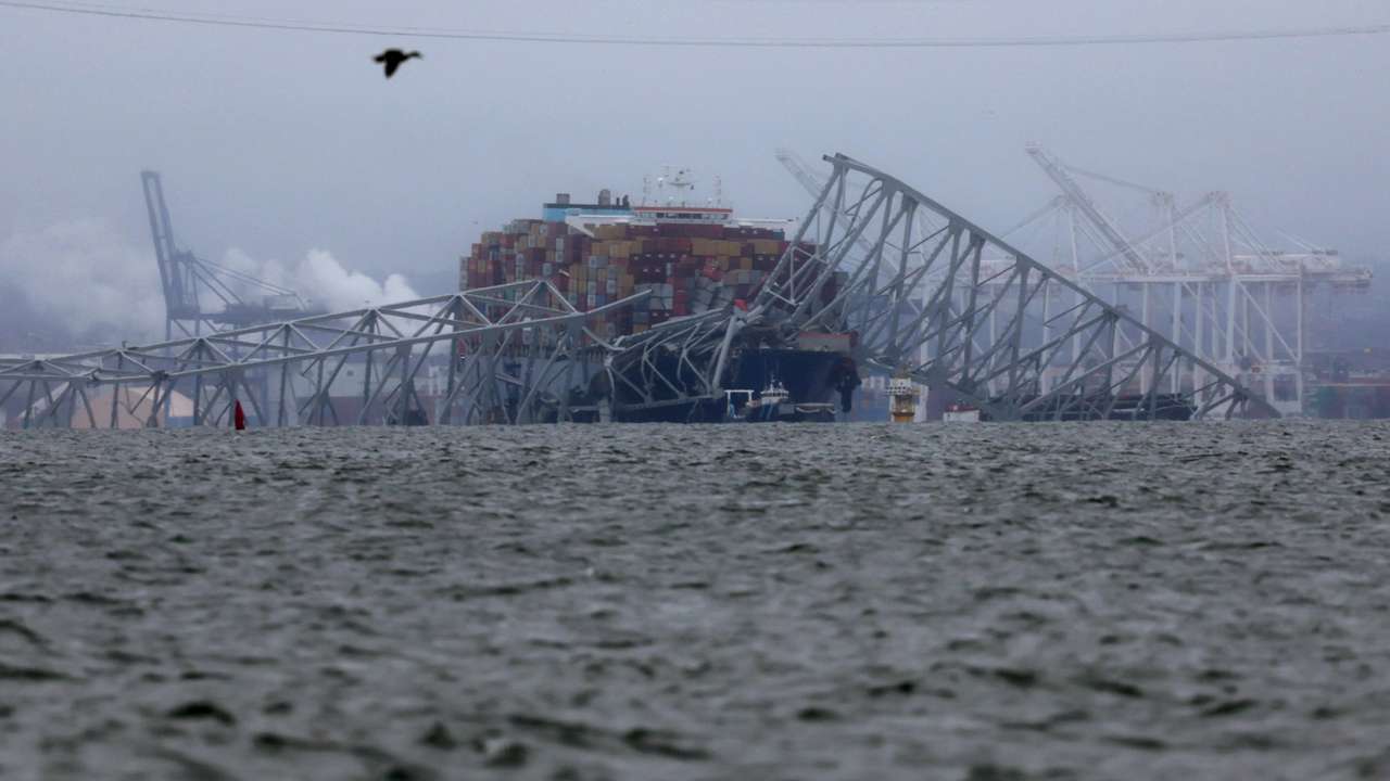 The site of the collapsed Francis Scott Key Bridge in the Patapsco River in Baltimore