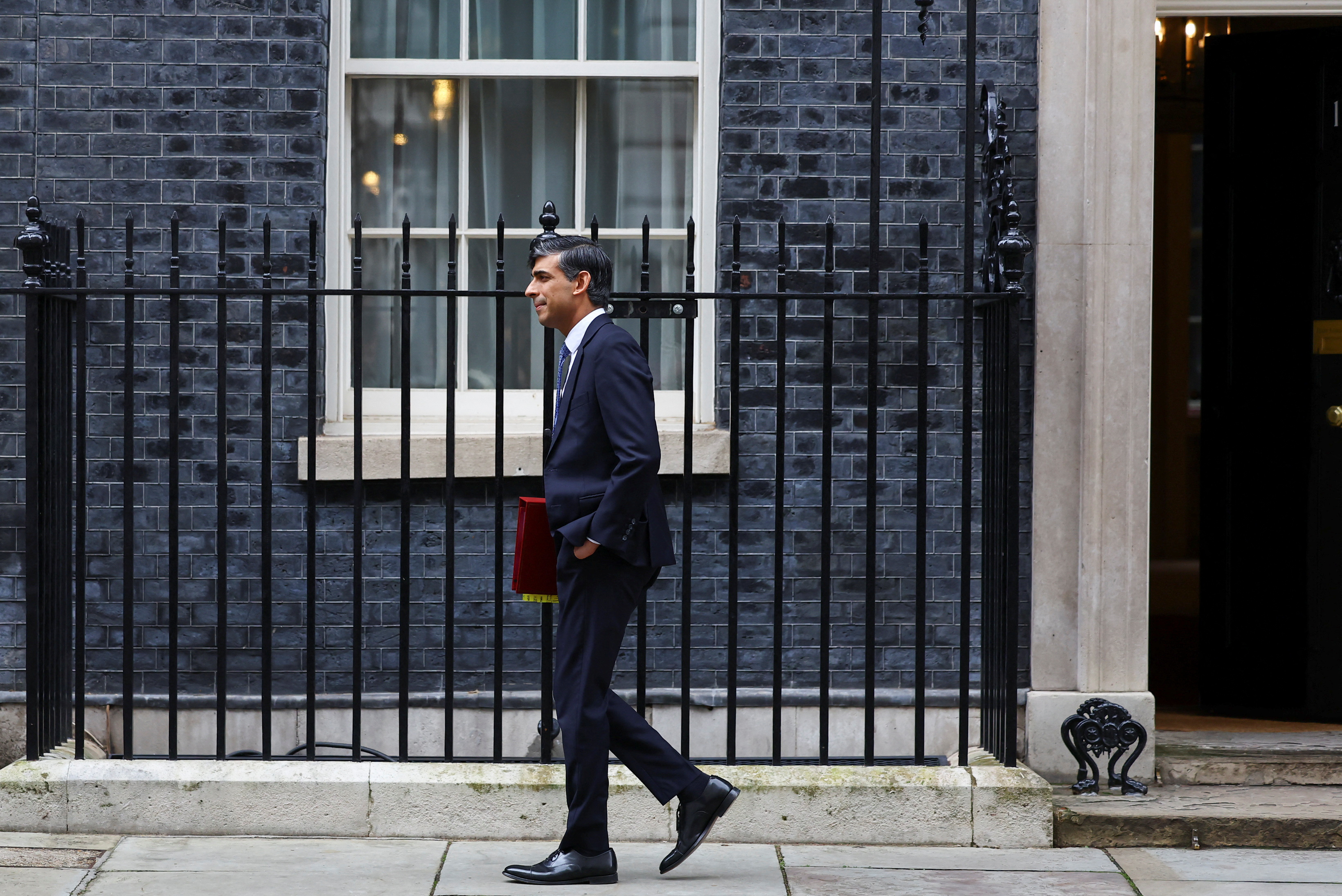 British Prime Minister Rishi Sunak leaves Downing Street in London