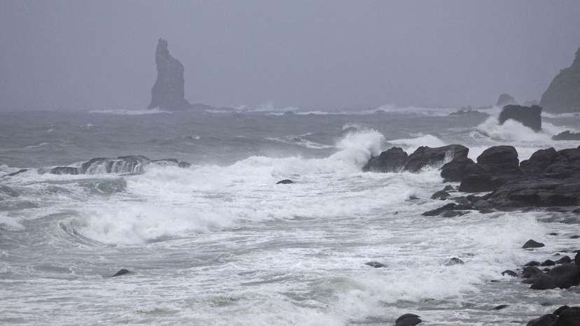 High waves are observed along the shore as Typhoon Shanshan approaches southwestern Japan in Makurazaki