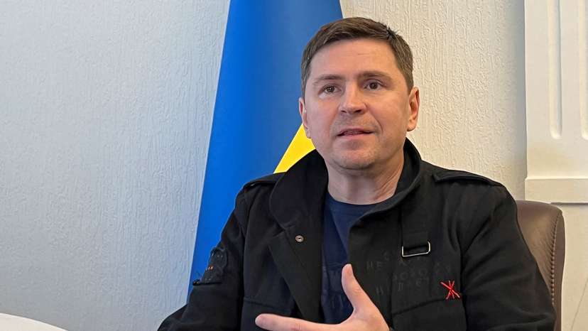 FILE PHOTO: Mykhailo Podolyak, a political adviser to Ukraine's President Volodymyr Zelenskiy, speaks during an interview with Reuters,