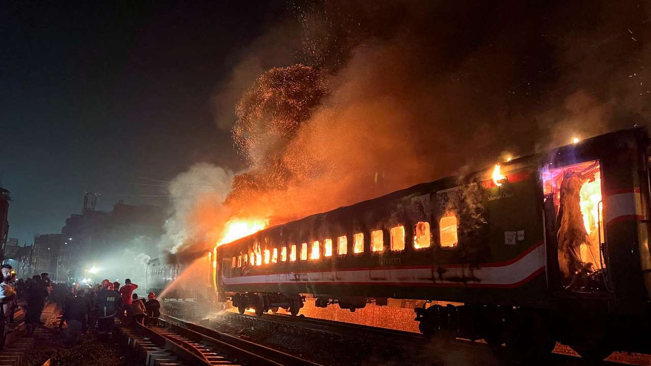 A passenger train caught on fire ahead of the general election in Dhaka