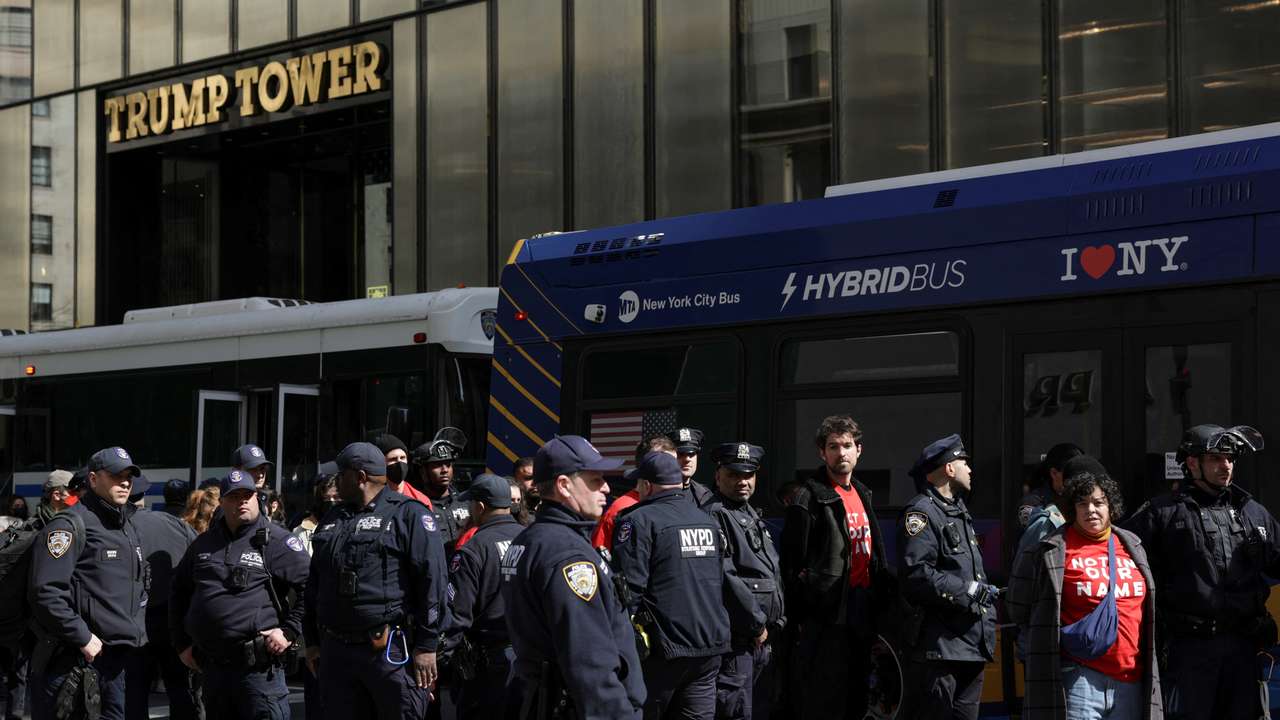 People protest against the ICE detention of Palestinian activist and Columbia University graduate student Mahmoud Khalil, at Trump Tower in New York City