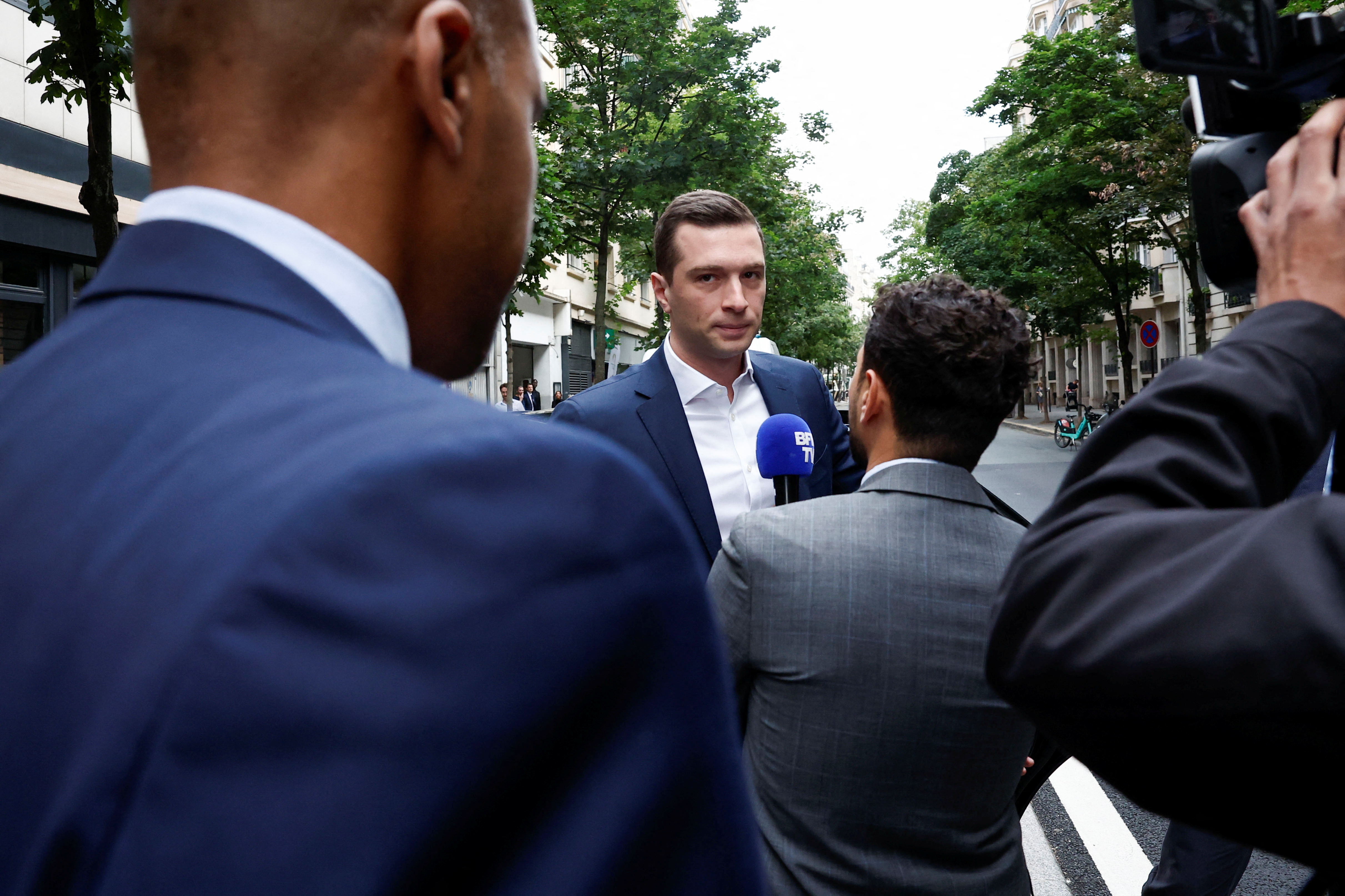 Jordan Bardella, President of the French far-right National Rally arrives at the RN party headquarters in Paris