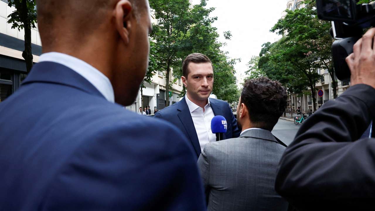Jordan Bardella, President of the French far-right National Rally arrives at the RN party headquarters in Paris