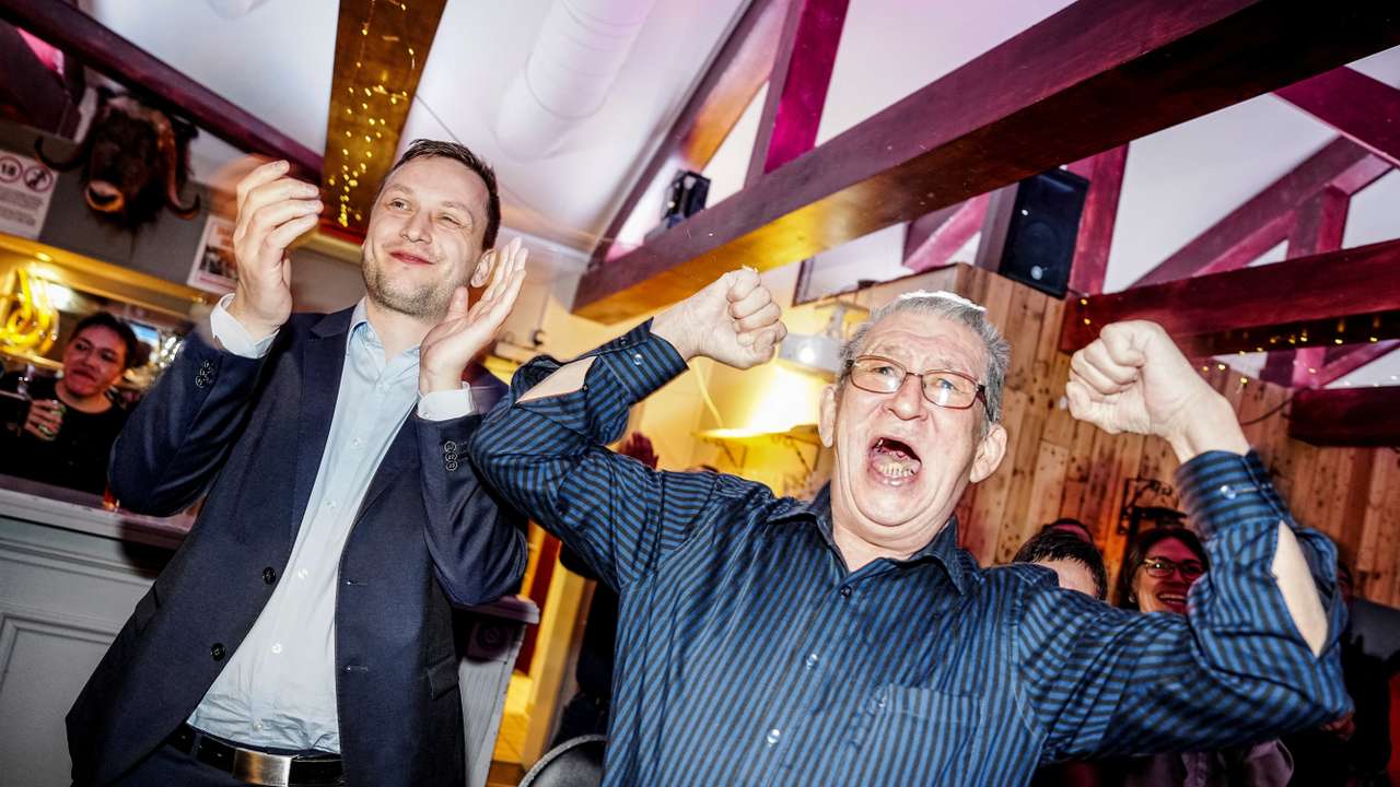 Leader of Demokraatit, Jens-Frederik Nielsen, reacts during the election party at cafe Killut in Nuuk