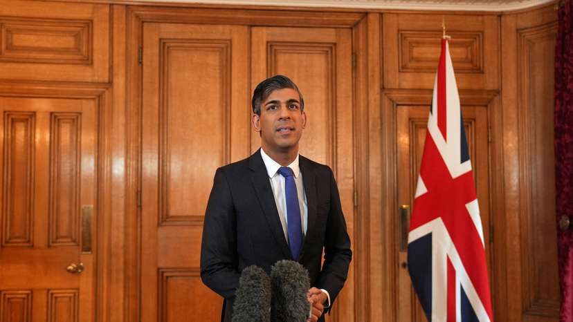 British Prime Minister Rishi Sunak issues a statement at 10 Downing Street, London