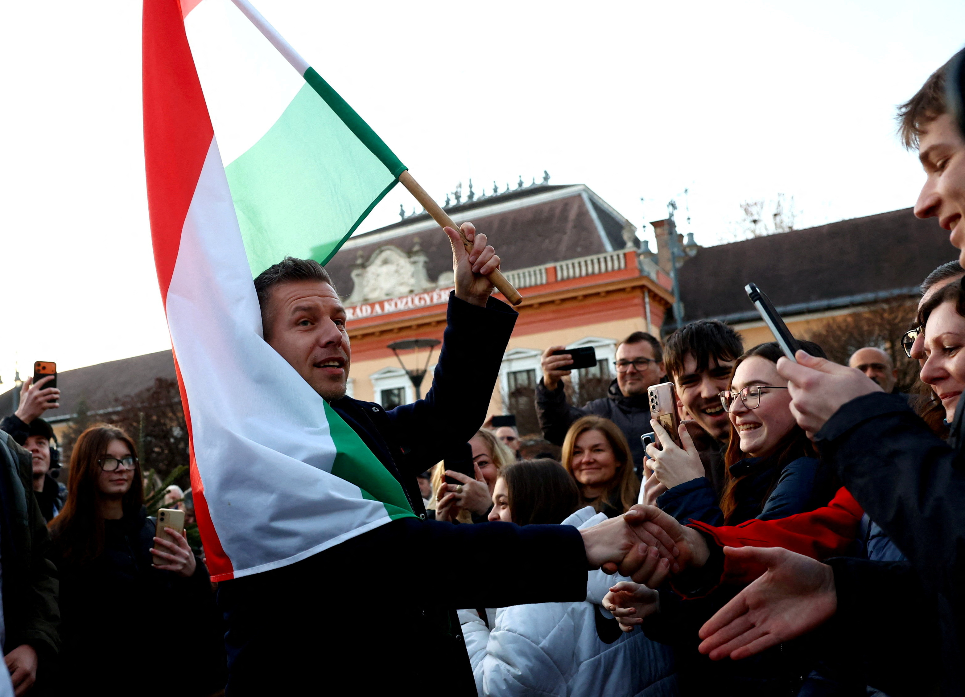 FILE PHOTO: Magyar, leader of the opposition TISZA party arrives to his election campaign tour in Balassagyarmat