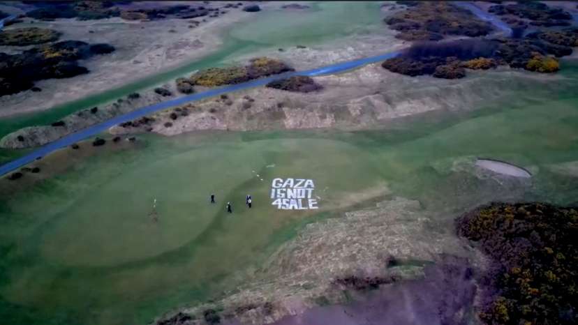 A drone view shows the aftermath of a pro-Palestinian protest on U.S. President Donald Trump's golf course in Turnberry