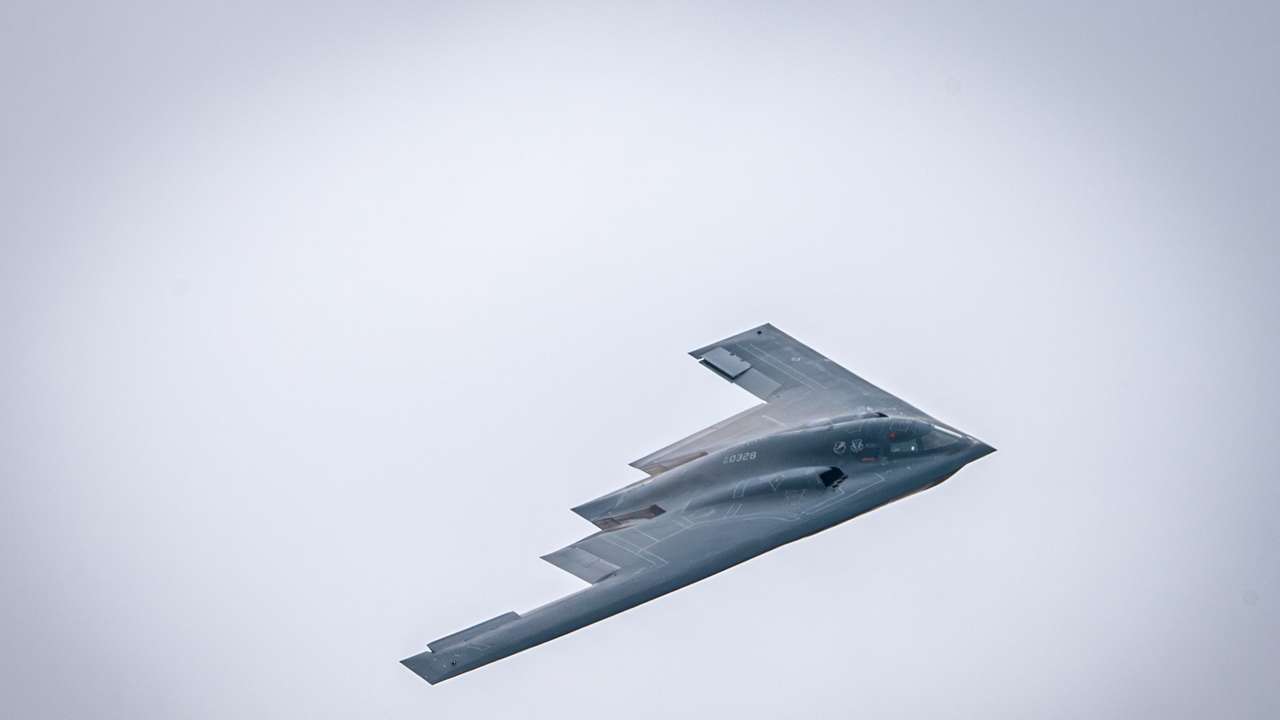 U.S. Air Force B-2 Spirit bomber performs a fly-over during the Speed of Sound Airshow in 2024