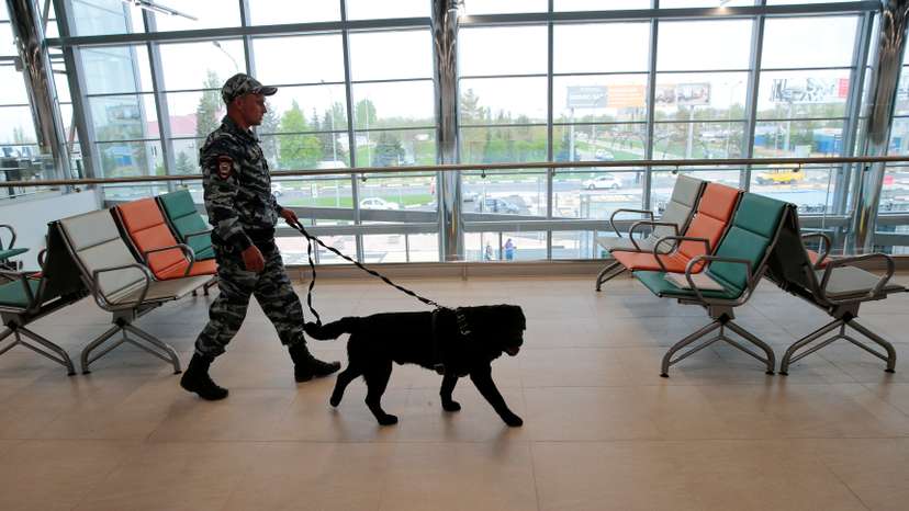 FILE PHOTO: A policeman with a dog walks at Volgograd International Airport