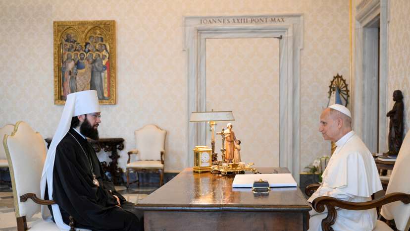 Pope Leo interacts with Metropolitan Antonij of Volokolamsk, at the Vatican