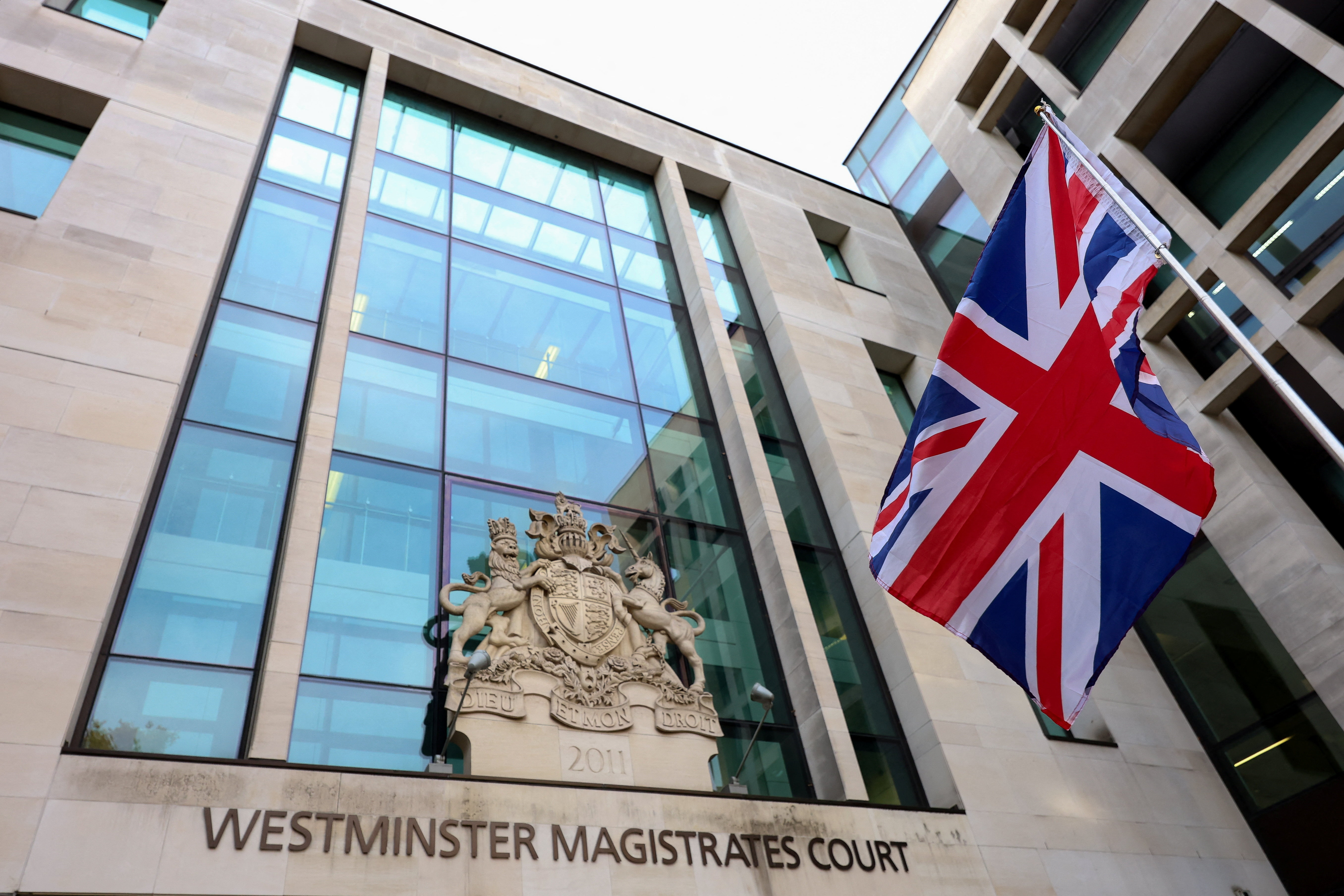 A Union Jack is flown outside Westminster Magistrates' Court