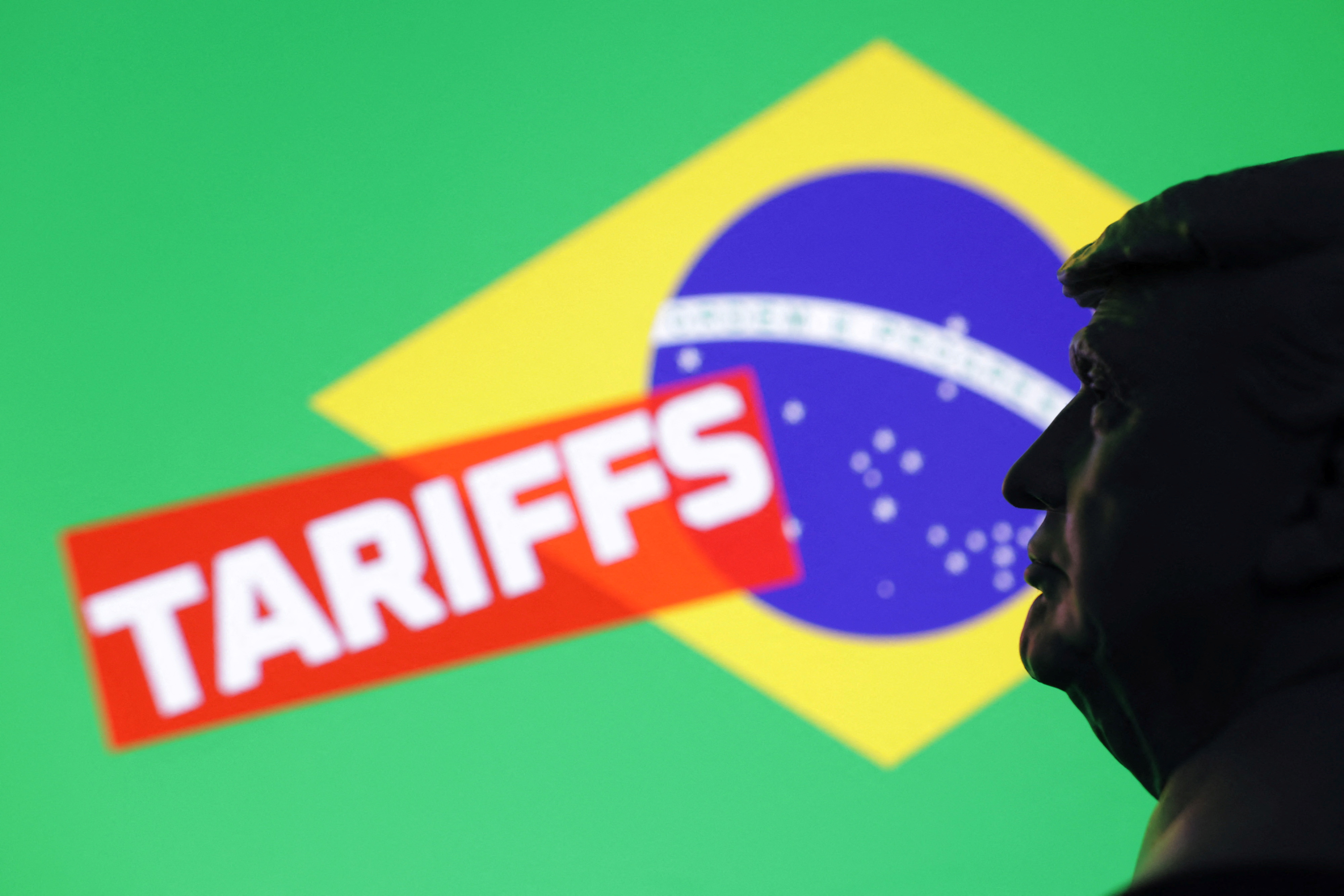Illustration shows 3D-printed miniature model of U.S. President Donald Trump, Brasil flag and word "Tariffs\