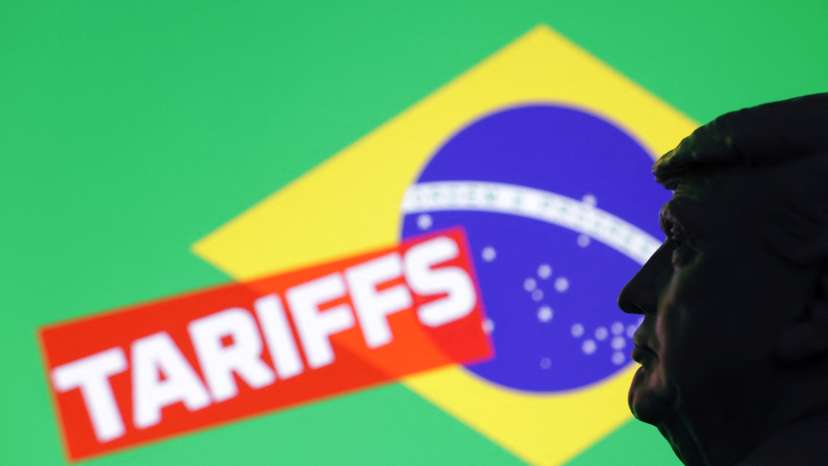 Illustration shows 3D-printed miniature model of U.S. President Donald Trump, Brasil flag and word "Tariffs\
