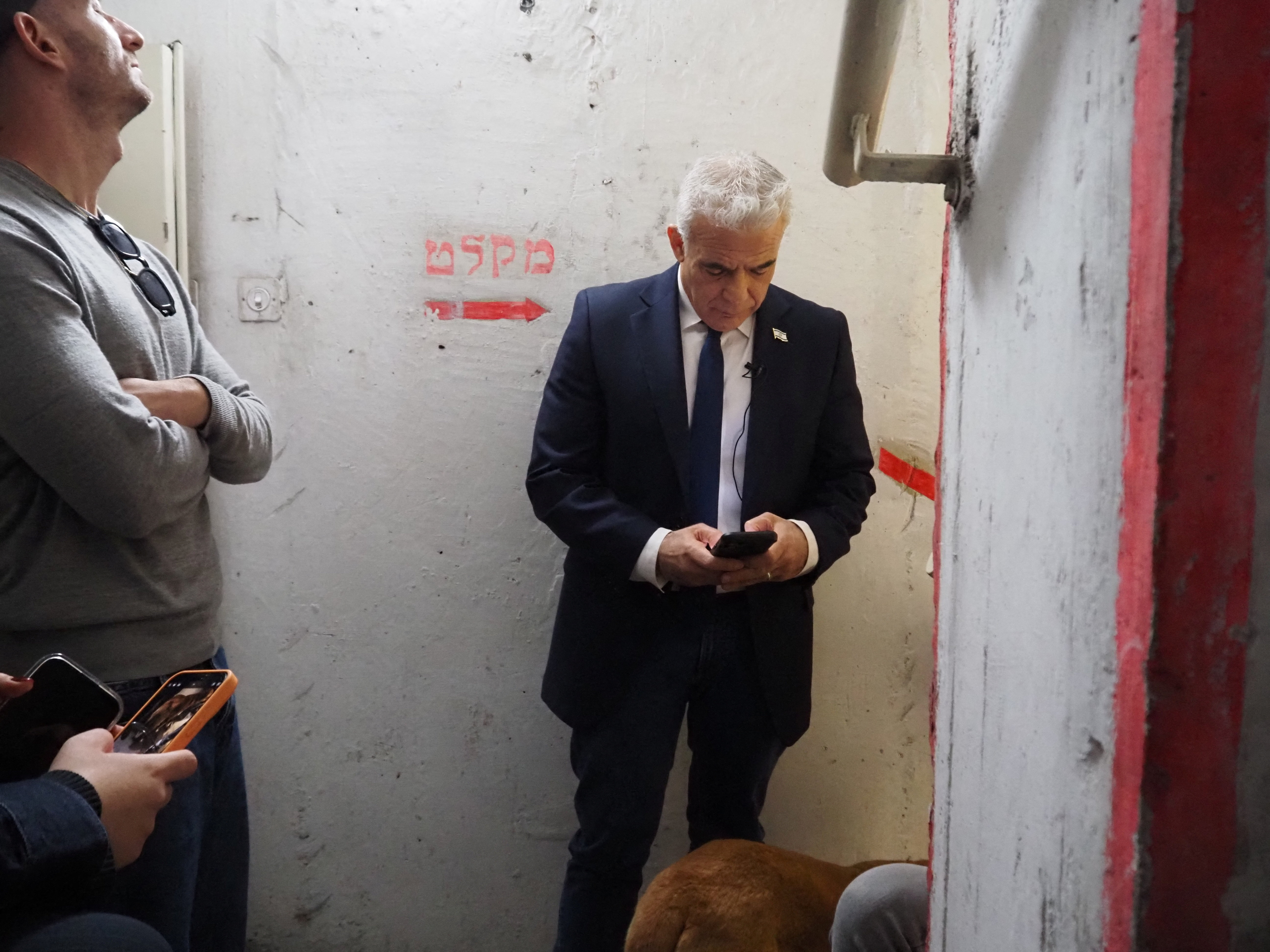 Israeli opposition leader Yair Lapid takes cover in a shelter in Tel Aviv