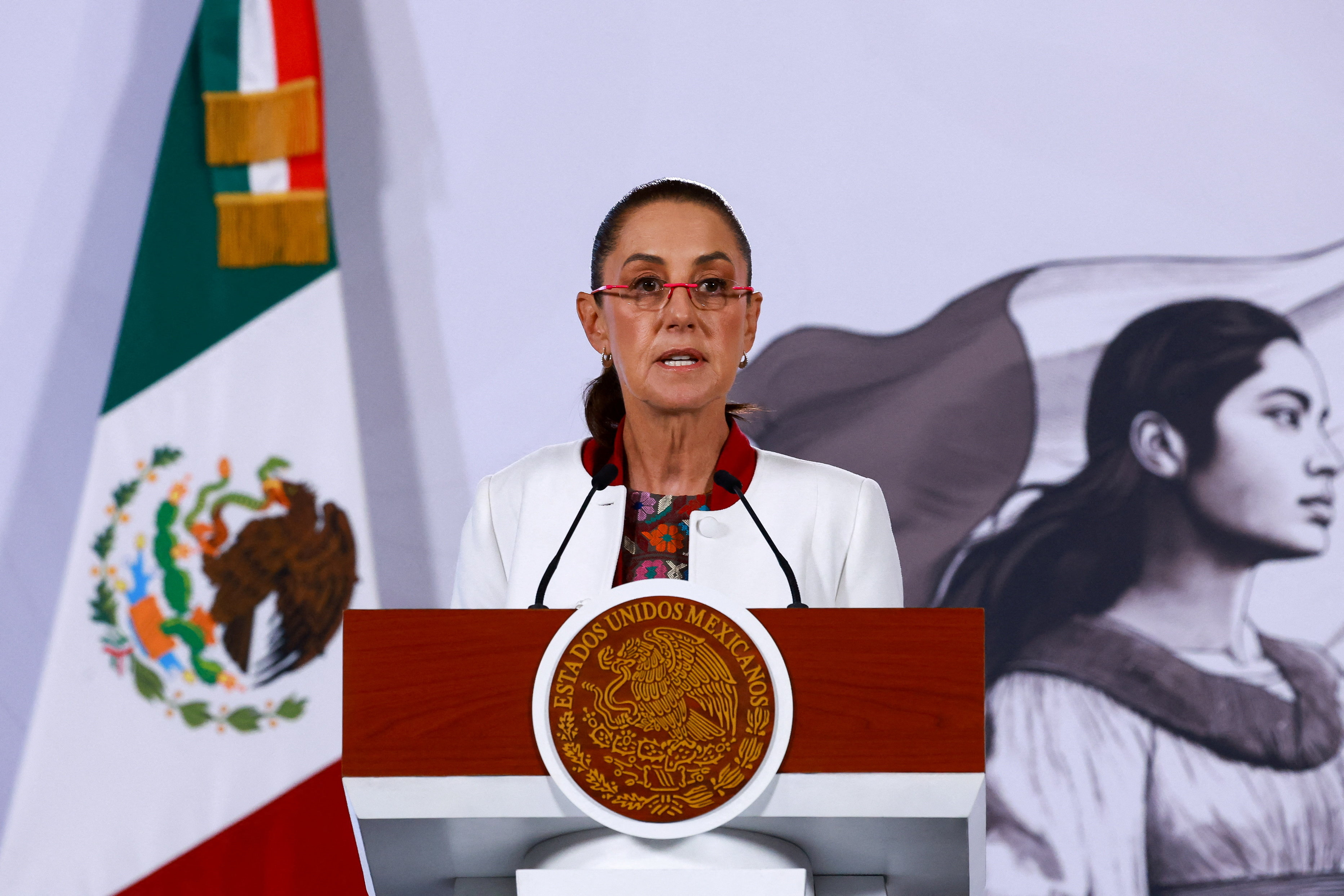 Mexican President Claudia Scheinbaum holds her morning press conference, at Palacio Nacional, in Mexico City