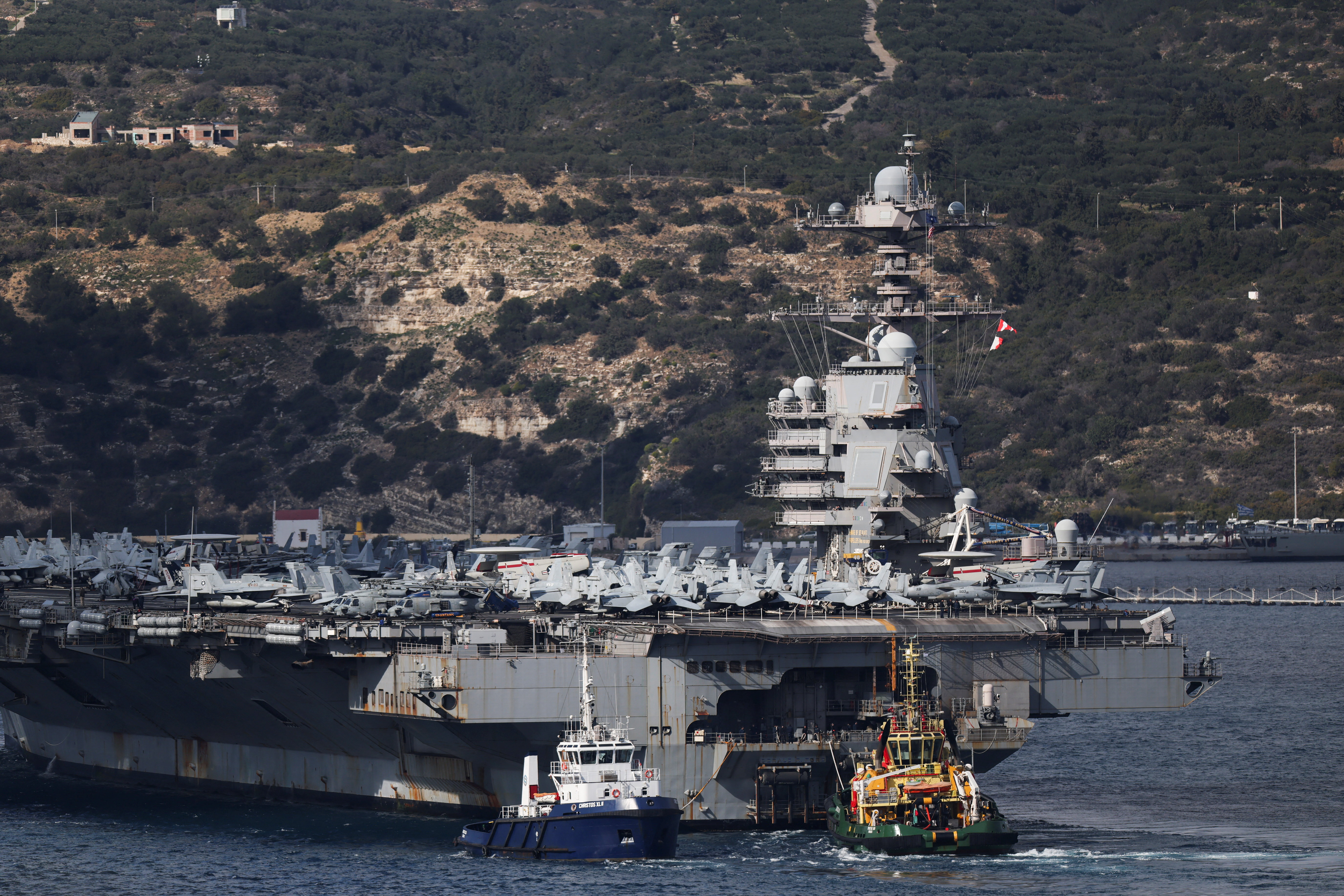 USS Gerald R. Ford aircraft carrier arrives at Souda Bay on the island of Crete