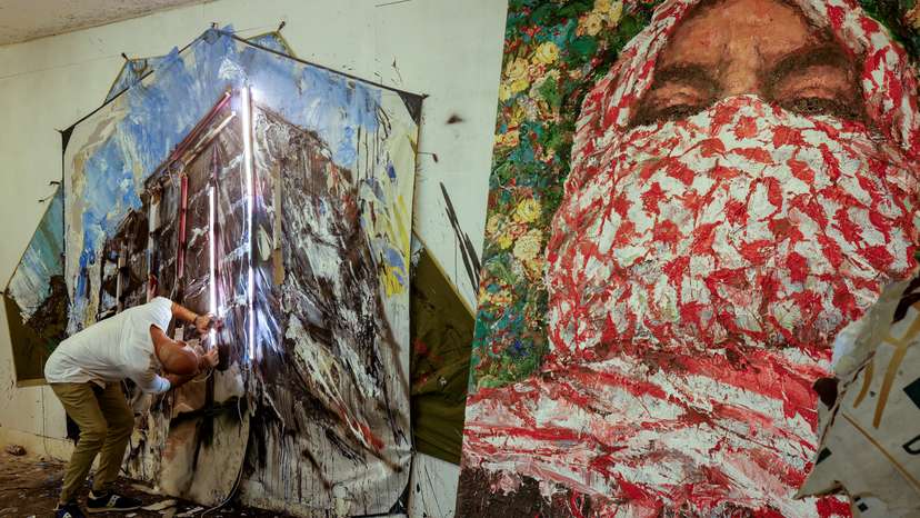 Lebanese artist Ayman Baalbaki, 48, works in his studio in Beirut