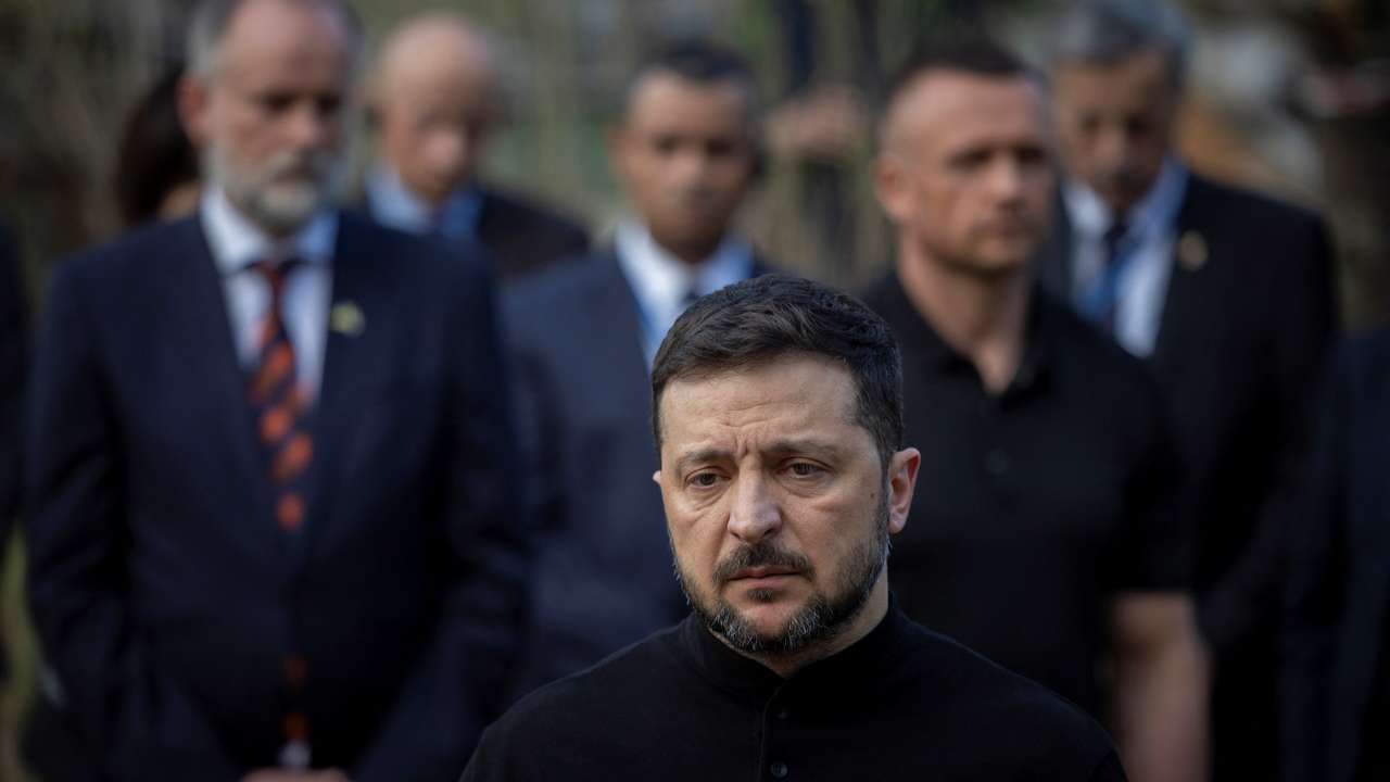 Ukraine’s President Volodymyr Zelenskiy visits site of Russian missile strike on a a residential area in Kyiv