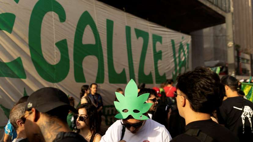 People take part in a march demanding the legalisation of cannabis in Sao Paulo, Brazil