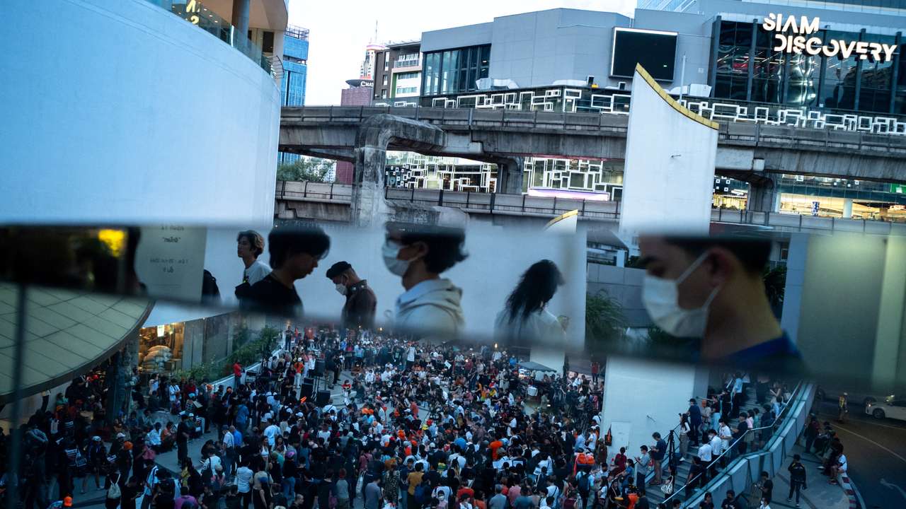 Move Forward Party supporters gather to protest a day after the party's leader Pita Limjaroenrat failed to win parliamentary support to become prime minister, in Bangkok
