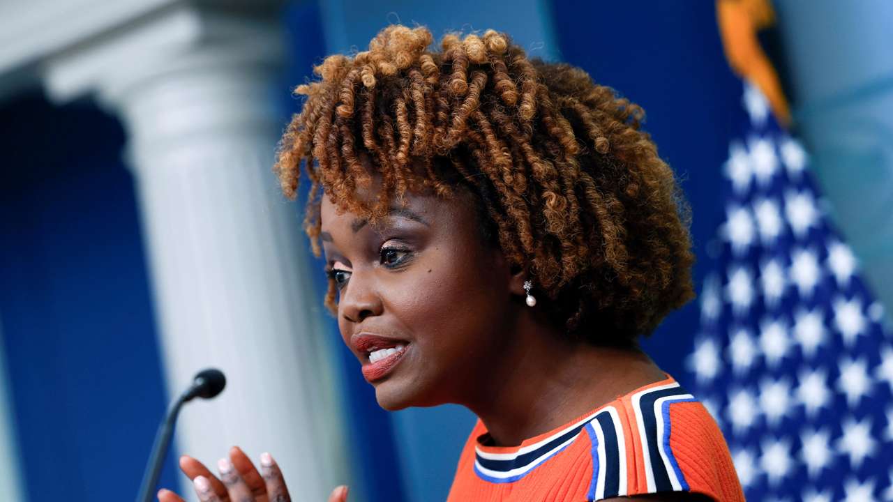 Press Secretary Karine Jean-Pierre speaks to reporters during a press briefing at the White House in Washington