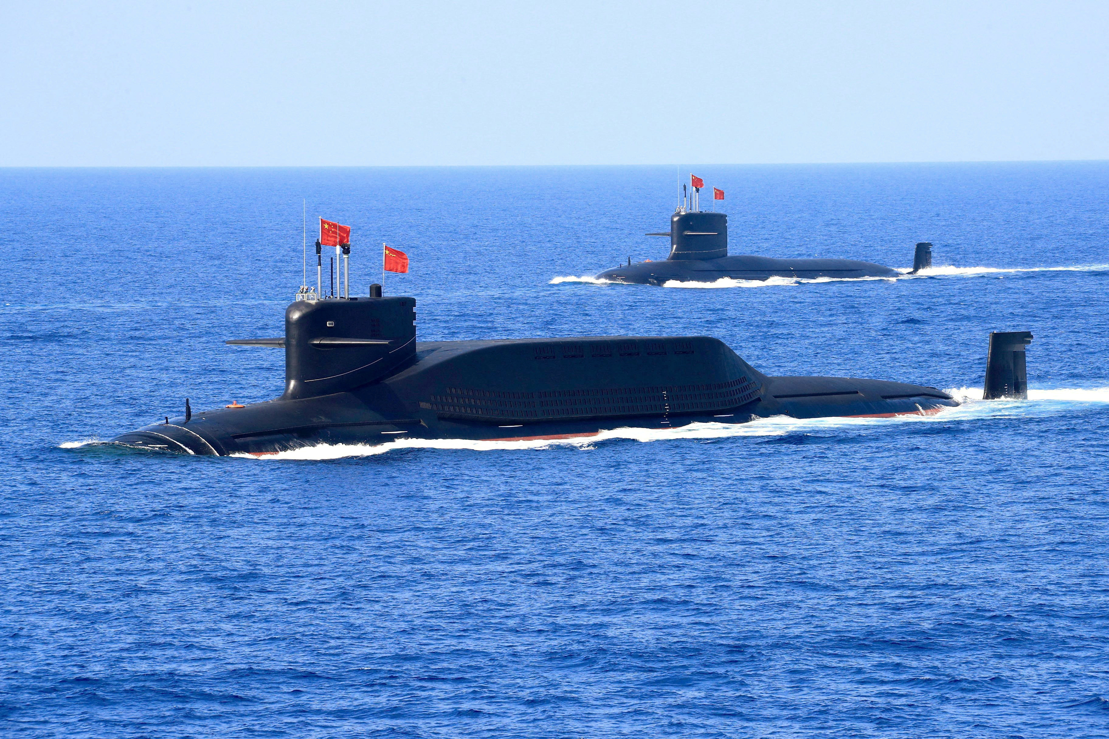 Nuclear-powered Type 094A Jin-class ballistic missile submarine of the Chinese People's Liberation Army (PLA) Navy during a military display in the South China Sea