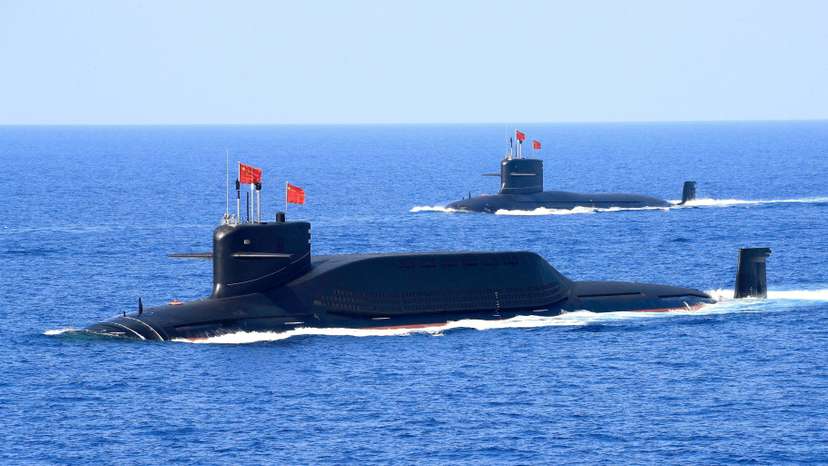 Nuclear-powered Type 094A Jin-class ballistic missile submarine of the Chinese People's Liberation Army (PLA) Navy during a military display in the South China Sea