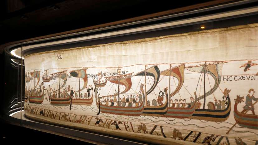 A close-up view of the Bayeux Tapestry