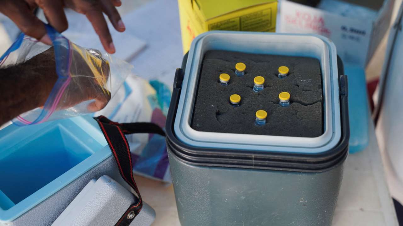Mpox vaccine bottles stand in a package, at Federal Medical Center in Abuja