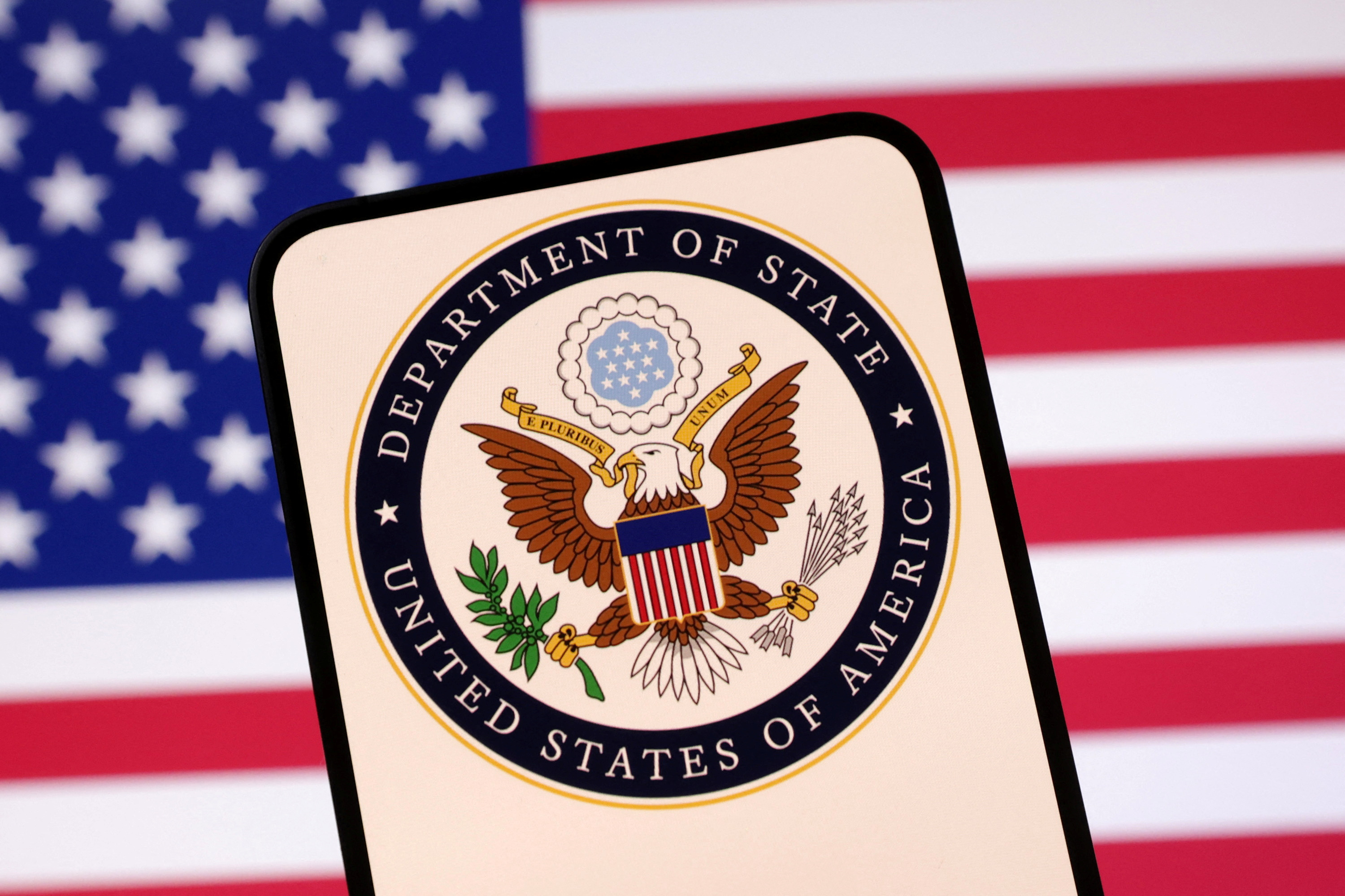 Illustration shows United States Department of State logo and U.S. flag