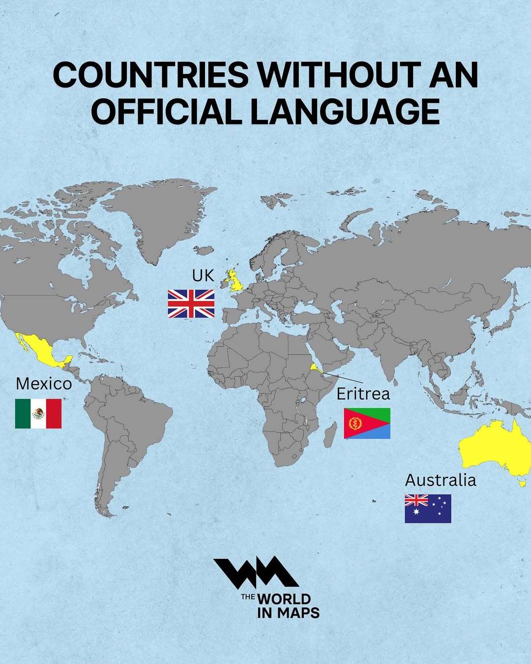 This map highlights countries that do not have a legally declared official language, even though
