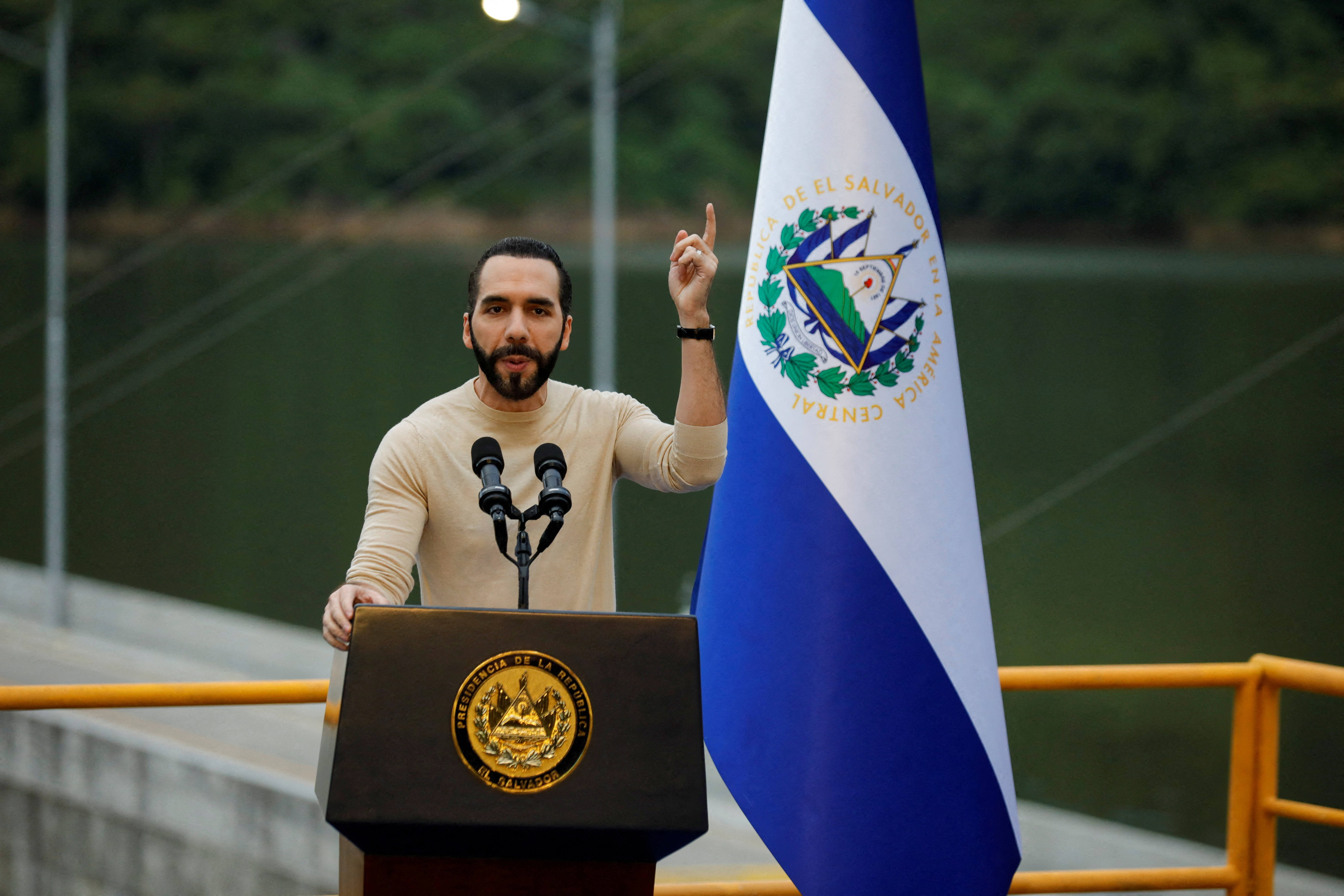 FILE PHOTO: El Salvador's President Bukele speaks during the inauguration of the 3 de Febrero hydroelectric power plant in San Luis de La Reina