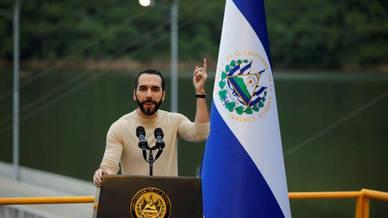 FILE PHOTO: El Salvador's President Bukele speaks during the inauguration of the 3 de Febrero hydroelectric power plant in San Luis de La Reina