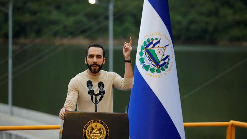 FILE PHOTO: El Salvador's President Bukele speaks during the inauguration of the 3 de Febrero hydroelectric power plant in San Luis de La Reina